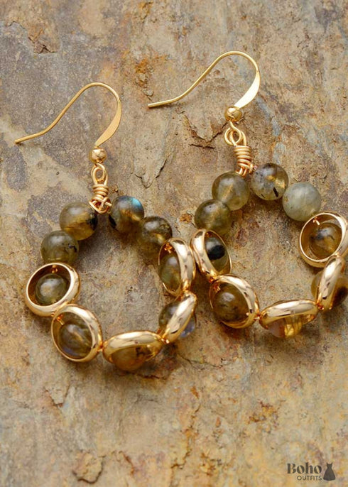 Boho Earrings, Dangle Earrings, Gold Loop Labradorite