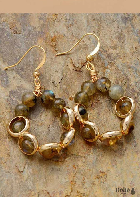 Boho Earrings, Dangle Earrings, Gold Loop Labradorite