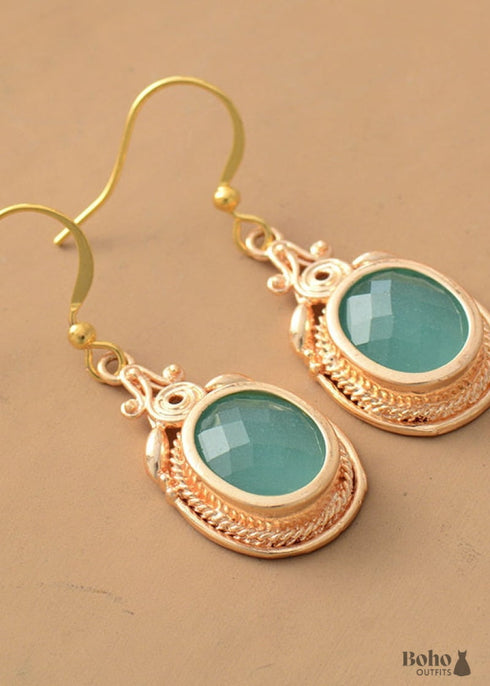 Boho Earrings, Dangle Earrings, Green Rhinestone Gold