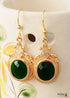 Boho Earrings, Dangle Earrings, Green Rhinestone Gold