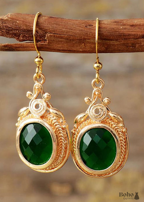Boho Earrings, Dangle Earrings, Green Rhinestone Gold
