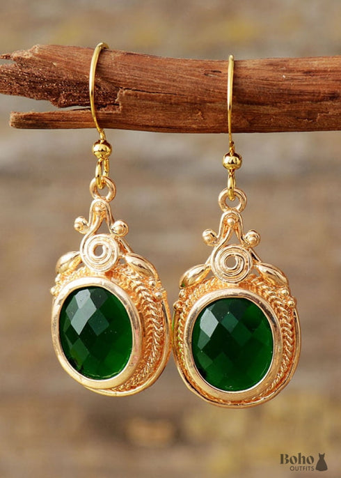 Boho Earrings, Dangle Earrings, Green Rhinestone Gold