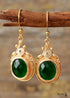 Boho Earrings, Dangle Earrings, Green Rhinestone Gold