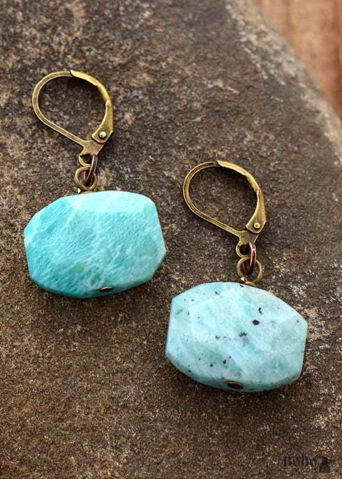 Pendientes bohemios, pendientes colgantes, amazonita azul hexagonal
