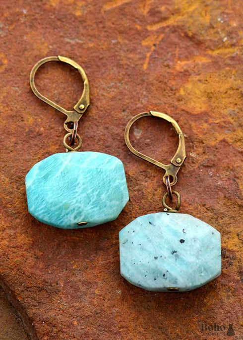Pendientes bohemios, pendientes colgantes, amazonita azul hexagonal