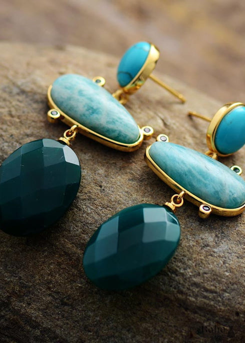 Pendientes bohemios, pendientes colgantes, pendientes de ónix y amazonita hipérbole