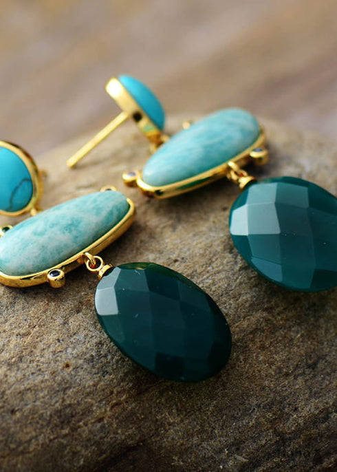 Pendientes bohemios, pendientes colgantes, pendientes de ónix y amazonita hipérbole