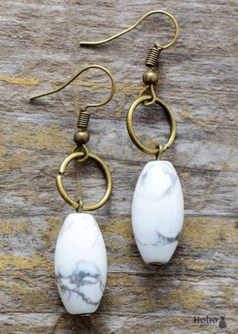 Boho Earrings, Dangle Earrings, Loop White Brown Jasper
