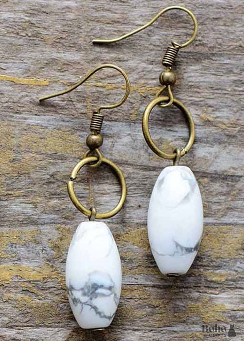 Boho Earrings, Dangle Earrings, Loop White Brown Jasper