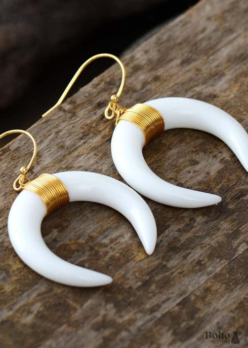 Pendientes bohemios, pendientes colgantes, cuerno de buey, concha, media luna de ónix blanco y negro