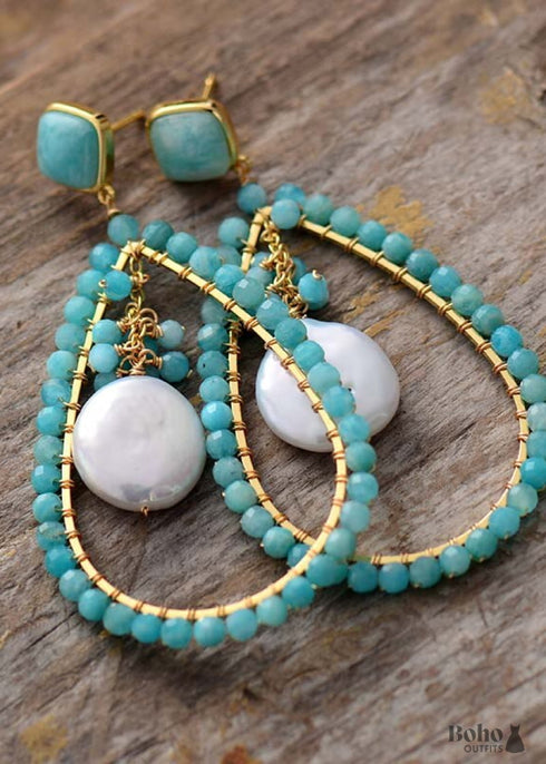 Boho Earrings, Dangle Earrings, Pearl Blue Amazonite, Live Different