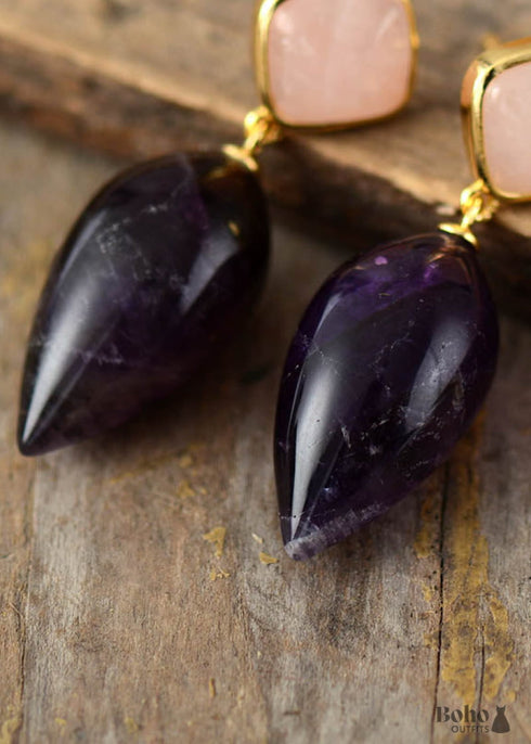 Pendientes bohemios, pendientes colgantes, pendientes colgantes de lágrima con amatistas de cuarzo rosa