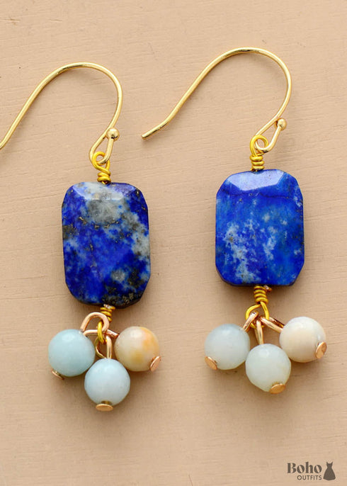 Pendientes bohemios, pendientes colgantes, lapislázuli azul cuadrado
