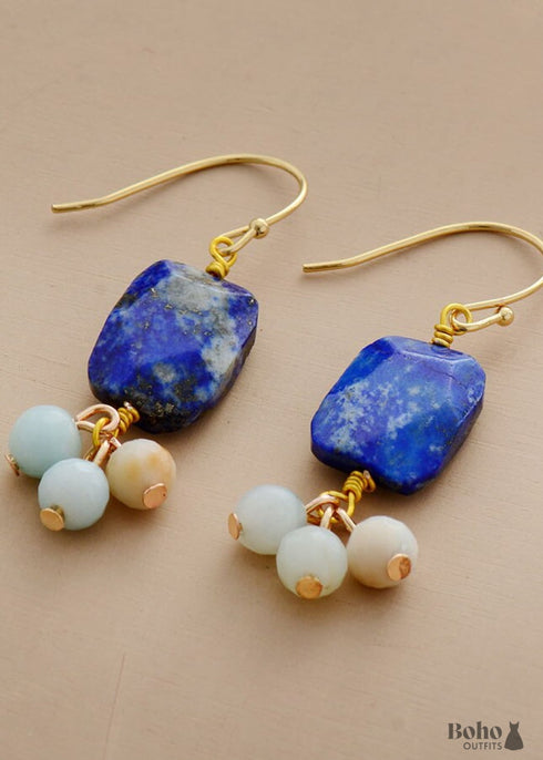 Pendientes bohemios, pendientes colgantes, lapislázuli azul cuadrado