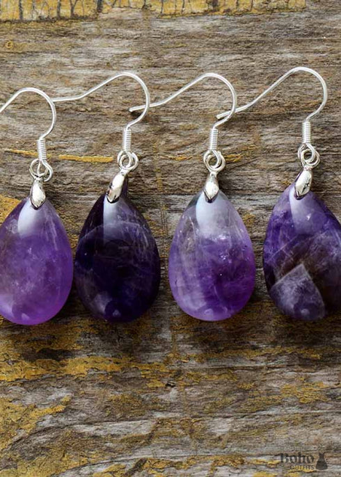 Boho Earrings, Dangle Earrings, Teardrop Purple Amethyst