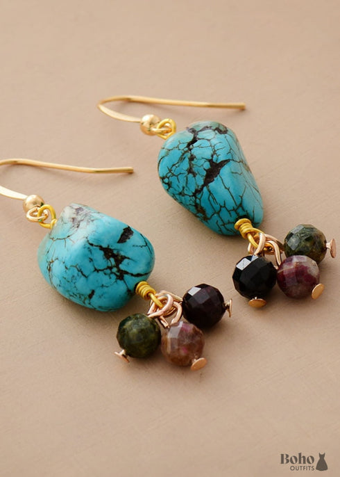 Pendientes bohemios, pendientes colgantes, turmalina y turquesa azul