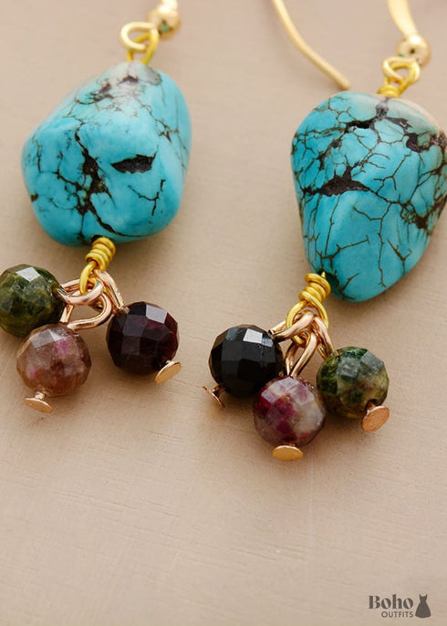Pendientes bohemios, pendientes colgantes, turmalina y turquesa azul