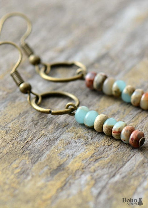 Boho Earrings, Dangle Earrings, Vintage Natural Stone Brown and Pink