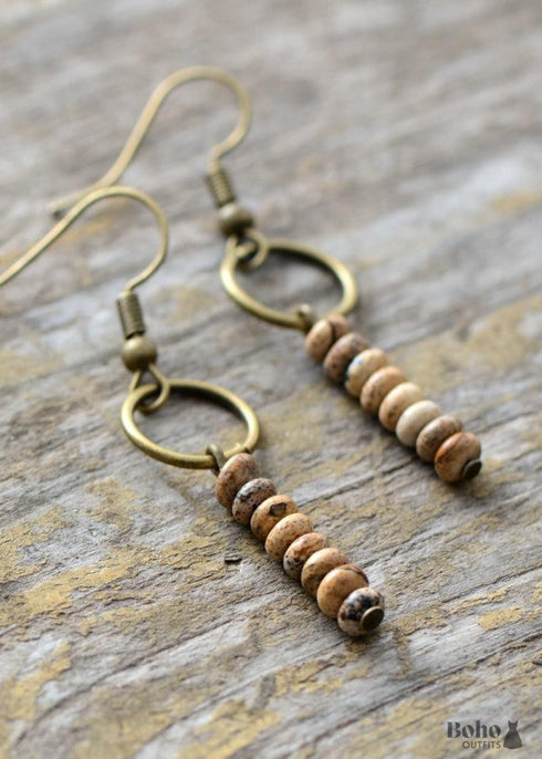 Boho Earrings, Dangle Earrings, Vintage Natural Stone Brown and Pink