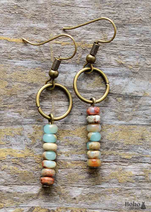 Boho Earrings, Dangle Earrings, Vintage Natural Stone Brown and Pink