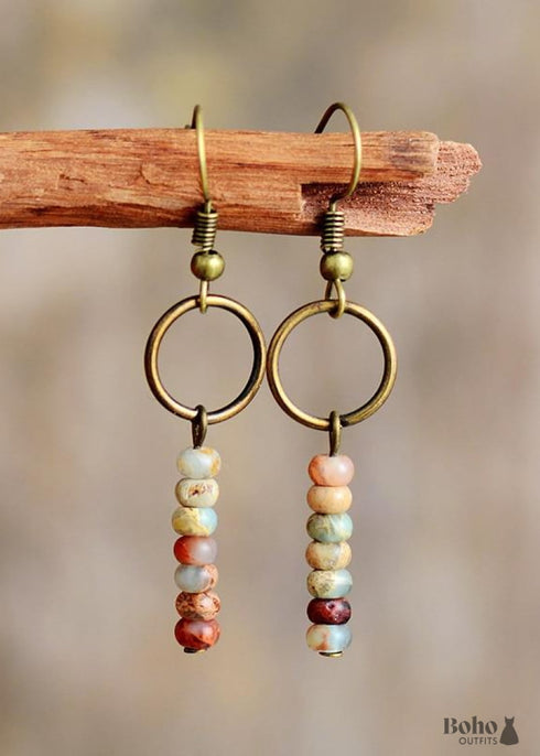 Boho Earrings, Dangle Earrings, Vintage Natural Stone Brown and Pink