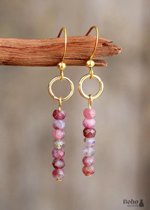 Boho Earrings, Dangle Earrings, Vintage Natural Stone Brown and Pink
