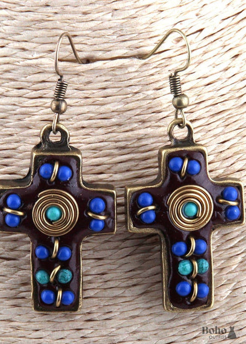 Pendientes bohemios, pendientes colgantes RH, cruz de metal roja y azul