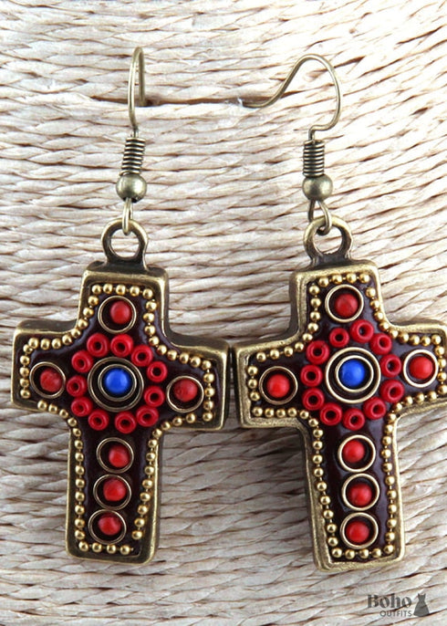 Pendientes bohemios, pendientes colgantes RH, cruz de metal roja y azul