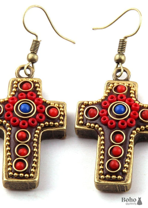 Pendientes bohemios, pendientes colgantes RH, cruz de metal roja y azul