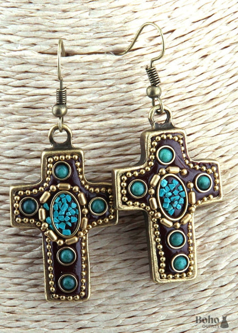 Pendientes bohemios, pendientes colgantes RH, cruz de metal roja y azul