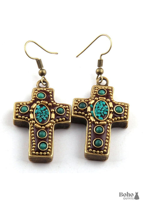 Pendientes bohemios, pendientes colgantes RH, cruz de metal roja y azul