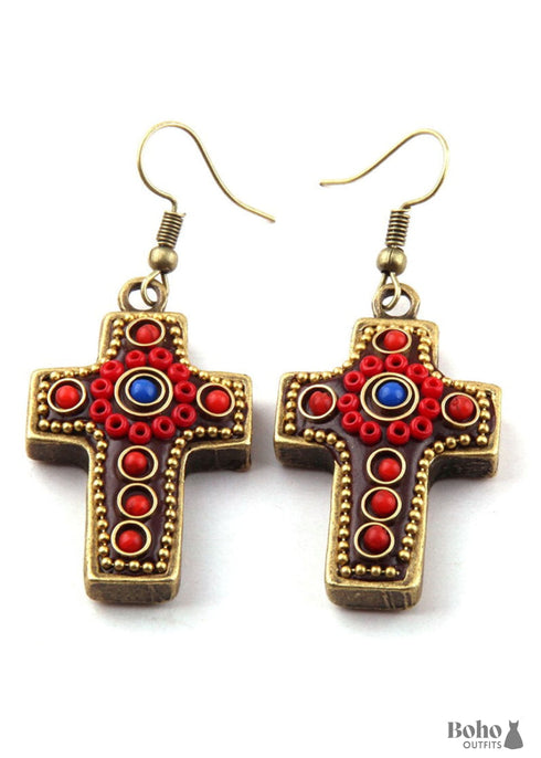 Pendientes bohemios, pendientes colgantes RH, cruz de metal roja y azul