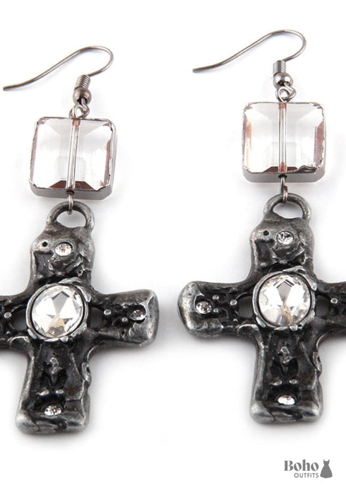 Pendientes bohemios, pendientes colgantes RH, cruz de metal plateado