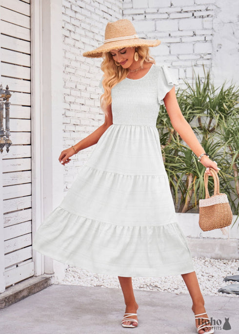 Boho Flying Sleeves Layered Midi Dress Violet