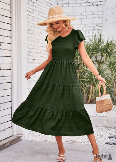 Boho Flying Sleeves Layered Midi Dress Violet