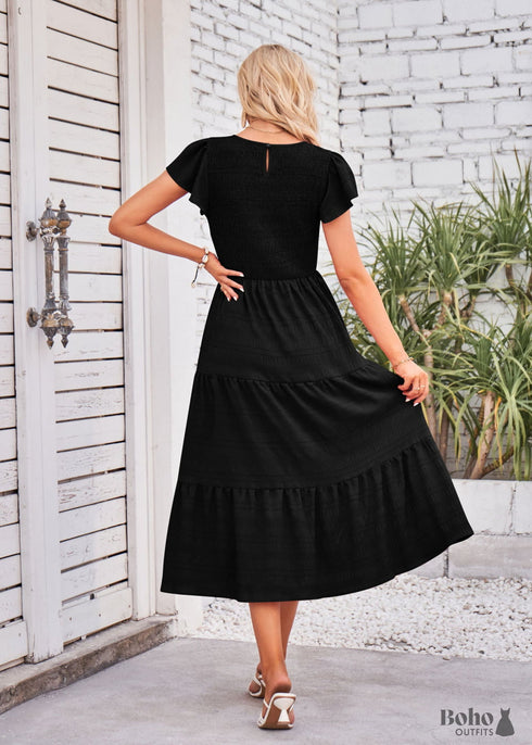 Boho Flying Sleeves Layered Midi Dress Violet