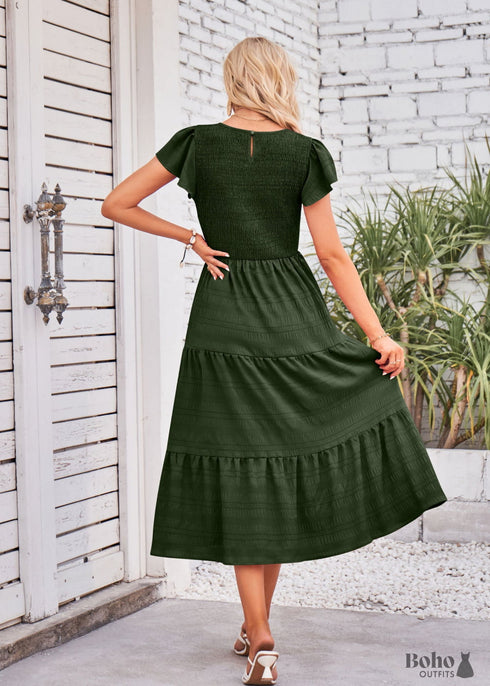 Boho Flying Sleeves Layered Midi Dress Violet