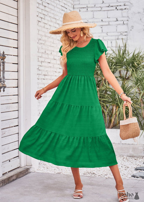 Boho Flying Sleeves Layered Midi Dress Violet