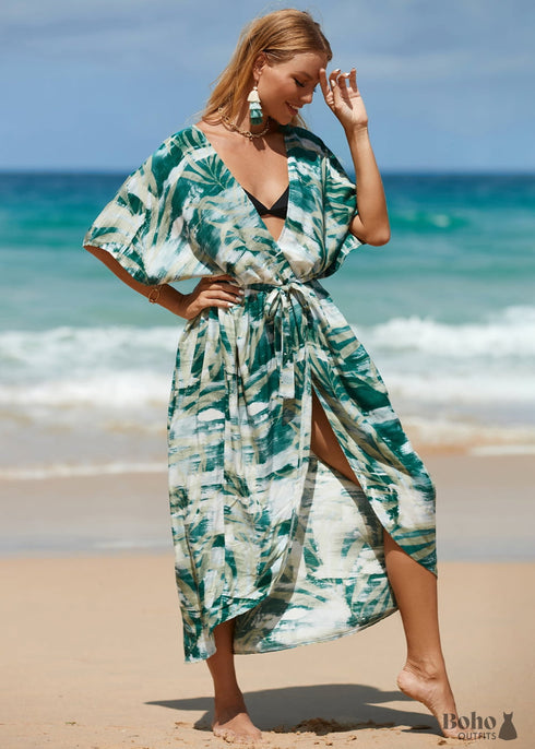 Boho Leaf Printed Beach Cardigan Loose Dress Amelia