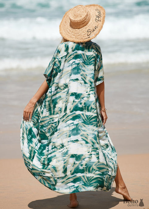 Boho Leaf Printed Beach Cardigan Loose Dress Amelia