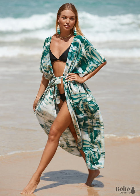 Boho Leaf Printed Beach Cardigan Loose Dress Amelia