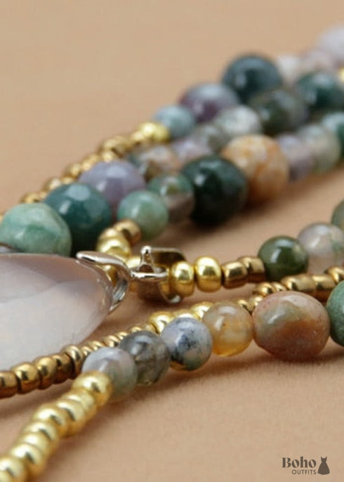 Boho Necklace, 3 Layers, Blue Natural Stone, Teardop Pendant