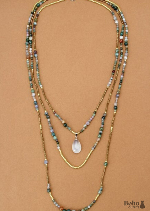 Boho Necklace, 3 Layers, Blue Natural Stone, Teardop Pendant