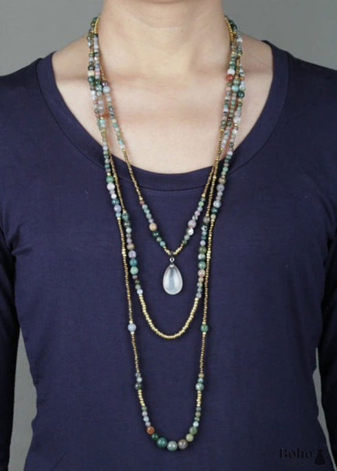 Boho Necklace, 3 Layers, Blue Natural Stone, Teardop Pendant