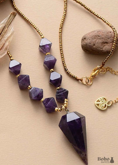 Boho Necklace, Amethysts Hexagonal Cone Pendant Necklace