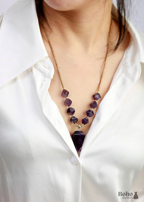 Boho Necklace, Amethysts Hexagonal Cone Pendant Necklace