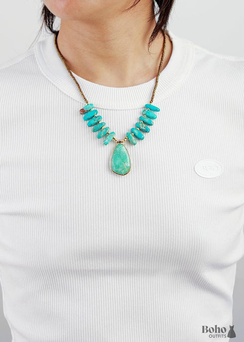 Boho Necklace, Blue Amazonite, Seed Beads Jasper and Amazonite