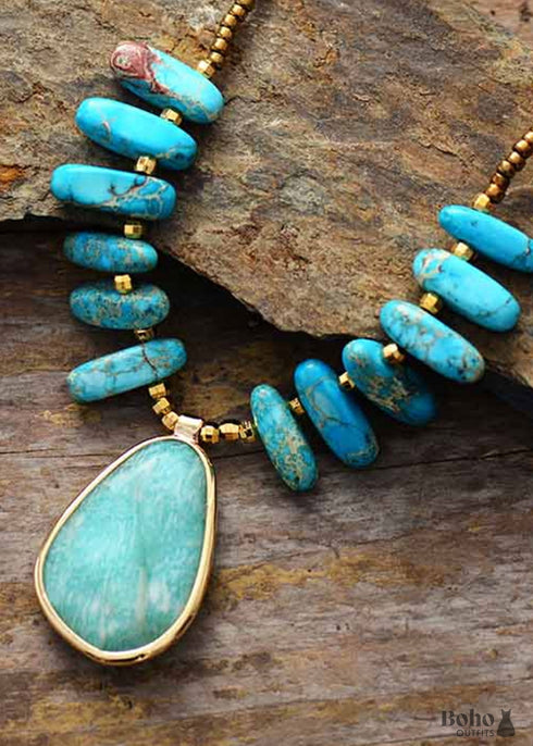 Boho Necklace, Blue Amazonite, Seed Beads Jasper and Amazonite