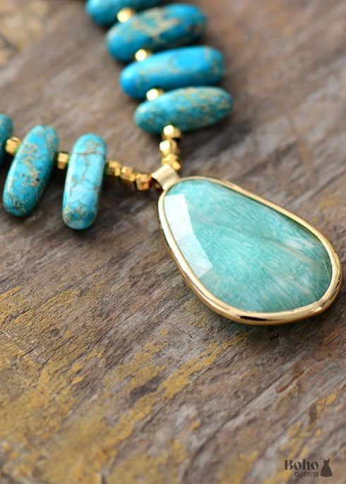 Boho Necklace, Blue Amazonite, Seed Beads Jasper and Amazonite
