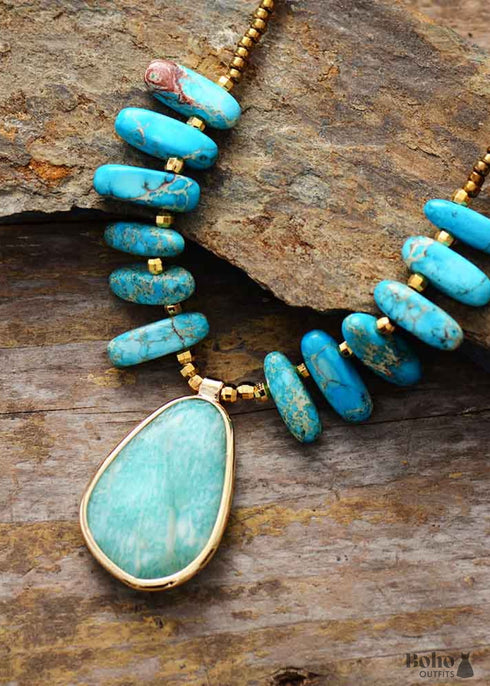 Boho Necklace, Blue Amazonite, Seed Beads Jasper and Amazonite
